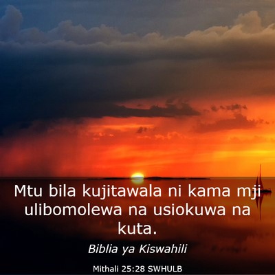 Picture 03 - Mithali 25:28 SWHULB - Mtu bila kujitawala ni kama mji ulibomolewa na - Bible Verse Picture