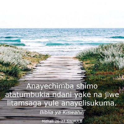 Picture 03 - Mithali 26:27 SWHULB - Anayechimba shimo atatumbukia ndani yake na jiwe - Bible Verse Picture