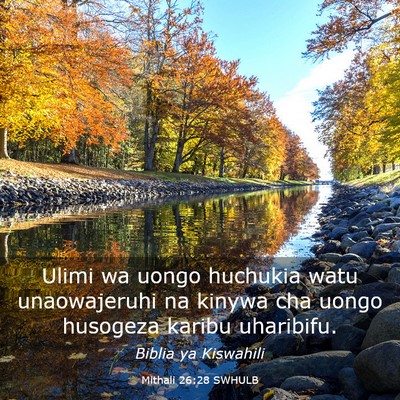 Picture 03 - Mithali 26:28 SWHULB - Ulimi wa uongo huchukia watu unaowajeruhi na - Bible Verse Picture