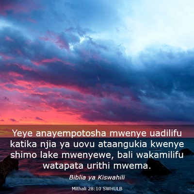 Picture 03 - Mithali 28:10 SWHULB - Yeye anayempotosha mwenye uadilifu katika njia ya - Bible Verse Picture