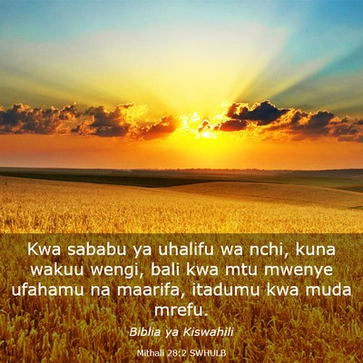 Picture 03 - Mithali 28:2 SWHULB - Kwa sababu ya uhalifu wa nchi, kuna wakuu wengi, - Bible Verse Picture