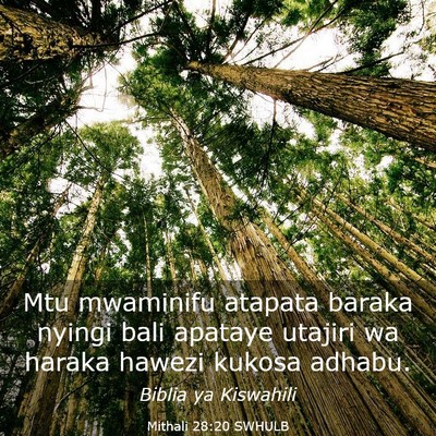 Picture 03 - Mithali 28:20 SWHULB - Mtu mwaminifu atapata baraka nyingi bali apataye - Bible Verse Picture