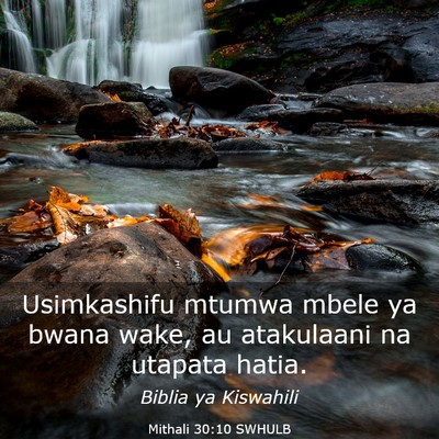Picture 03 - Mithali 30:10 SWHULB - Usimkashifu mtumwa mbele ya bwana wake, au - Bible Verse Picture