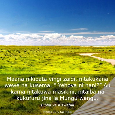 Picture 03 - Mithali 30:9 SWHULB - Maana nikipata vingi zaidi, nitakukana wewe na - Bible Verse Picture