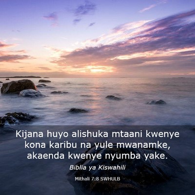 Picture 03 - Mithali 7:8 SWHULB - Kijana huyo alishuka mtaani kwenye kona karibu na - Bible Verse Picture