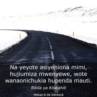 Picture 03 - Mithali 8:36 SWHULB - Na yeyote asiyeniona mimi, hujiumiza mwenyewe, - Bible Verse Picture