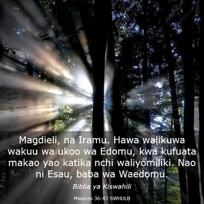 Picture 03 - Mwanzo 36:43 SWHULB - Magdieli, na Iramu. Hawa walikuwa wakuu wa ukoo - Bible Verse Picture
