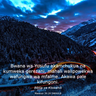 Picture 03 - Mwanzo 39:20 SWHULB - Bwana wa Yusufu akamchukua na kumweka gerezani, - Bible Verse Picture