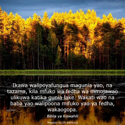 Picture 03 - Mwanzo 42:35 SWHULB - Ikawa walipoyafungua magunia yao, na tazama, kila - Bible Verse Picture