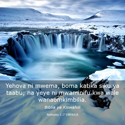 Picture 03 - Nahumu 1:7 SWHULB - Yehova ni mwema, boma katika siku ya taabu; na - Bible Verse Picture