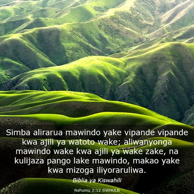 Picture 03 - Nahumu 2:12 SWHULB - Simba alirarua mawindo yake vipande vipande kwa - Bible Verse Picture