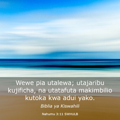 Picture 03 - Nahumu 3:11 SWHULB - Wewe pia utalewa; utajaribu kujificha, na - Bible Verse Picture