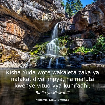 Picture 03 - Nehemia 13:12 SWHULB - Kisha Yuda wote wakaleta zaka ya nafaka, divai - Bible Verse Picture