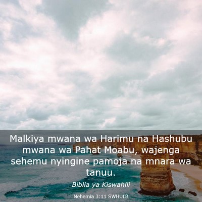 Picture 03 - Nehemia 3:11 SWHULB - Malkiya mwana wa Harimu na Hashubu mwana wa Pahat - Bible Verse Picture