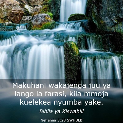 Picture 03 - Nehemia 3:28 SWHULB - Makuhani wakajenga juu ya lango la farasi, kila - Bible Verse Picture