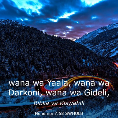Picture 03 - Nehemia 7:58 SWHULB - wana wa Yaala, wana wa Darkoni, wana wa - Bible Verse Picture