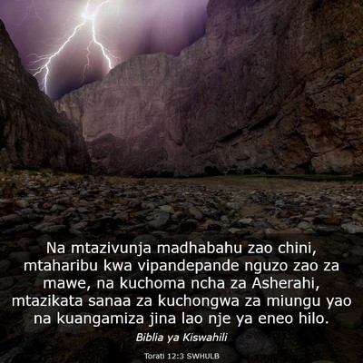 Picture 03 - Torati 12:3 SWHULB - Na mtazivunja madhabahu zao chini, mtaharibu kwa - Bible Verse Picture