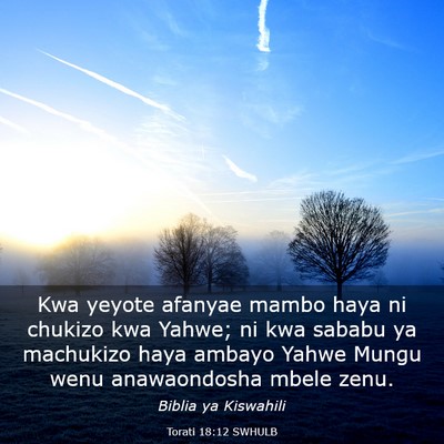 Picture 03 - Torati 18:12 SWHULB - Kwa yeyote afanyae mambo haya ni chukizo kwa - Bible Verse Picture