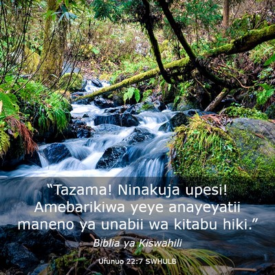Picture 03 - Ufunuo 22:7 SWHULB - “Tazama! Ninakuja upesi! Amebarikiwa yeye - Bible Verse Picture