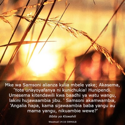 Picture 03 - Waamuzi 14:16 SWHULB - Mke wa Samsoni alianza kulia mbele yake; Akasema, - Bible Verse Picture