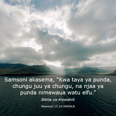 Picture 03 - Waamuzi 15:16 SWHULB - Samsoni akasema, “Kwa taya ya punda, chungu juu - Bible Verse Picture