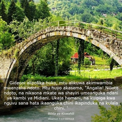 Picture 03 - Waamuzi 7:13 SWHULB - Gideoni alipofika huko, mtu alikuwa akimwambia - Bible Verse Picture