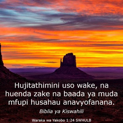 Picture 03 - Waraka wa Yakobo 1:24 SWHULB - Hujitathimini uso wake, na huenda zake na baada - Bible Verse Picture