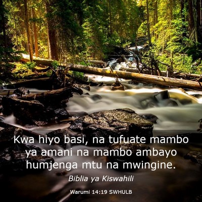 Picture 03 - Warumi 14:19 SWHULB - Kwa hiyo basi, na tufuate mambo ya amani na mambo - Bible Verse Picture