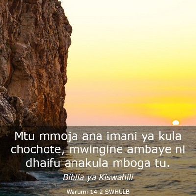 Picture 03 - Warumi 14:2 SWHULB - Mtu mmoja ana imani ya kula chochote, mwingine - Bible Verse Picture