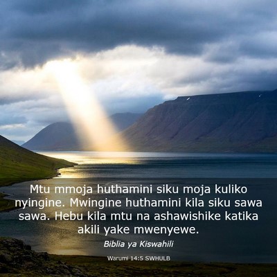 Picture 03 - Warumi 14:5 SWHULB - Mtu mmoja huthamini siku moja kuliko nyingine. - Bible Verse Picture