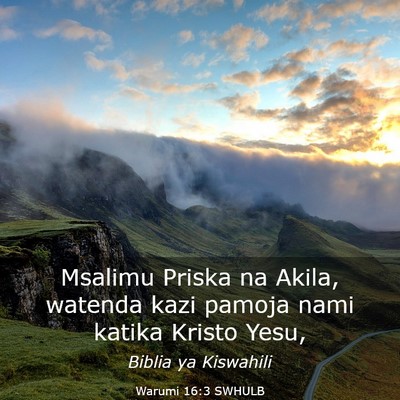Picture 03 - Warumi 16:3 SWHULB - Msalimu Priska na Akila, watenda kazi pamoja nami - Bible Verse Picture