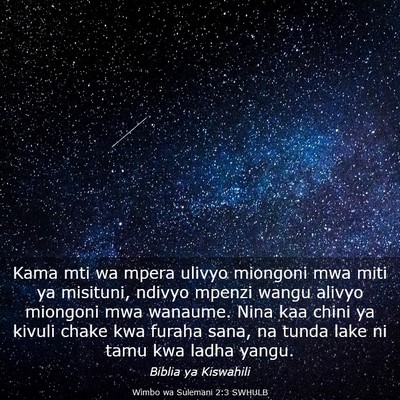 Picture 03 - Wimbo wa Sulemani 2:3 SWHULB - Kama mti wa mpera ulivyo miongoni mwa miti ya - Bible Verse Picture