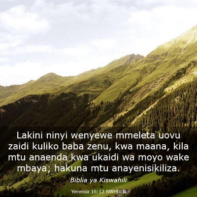 Picture 03 - Yeremia 16:12 SWHULB - Lakini ninyi wenyewe mmeleta uovu zaidi kuliko - Bible Verse Picture
