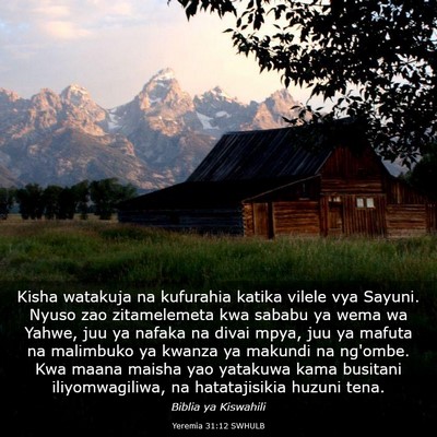 Picture 03 - Yeremia 31:12 SWHULB - Kisha watakuja na kufurahia katika vilele vya - Bible Verse Picture