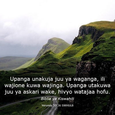 Picture 03 - Yeremia 50:36 SWHULB - Upanga unakuja juu ya waganga, ili wajione kuwa - Bible Verse Picture