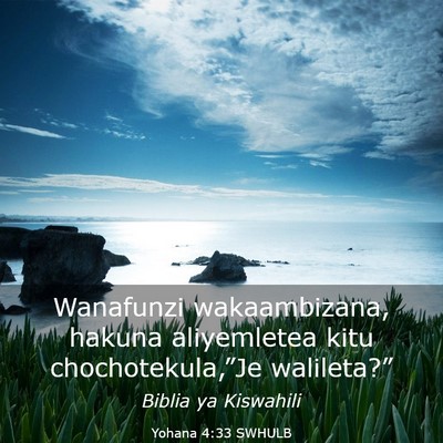 Picture 03 - Yohana 4:33 SWHULB - Wanafunzi wakaambizana, hakuna aliyemletea kitu - Bible Verse Picture