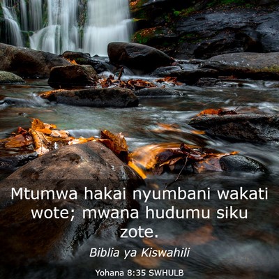 Picture 03 - Yohana 8:35 SWHULB - Mtumwa hakai nyumbani wakati wote; mwana hudumu - Bible Verse Picture