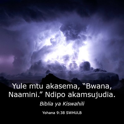 Picture 03 - Yohana 9:38 SWHULB - Yule mtu akasema, “Bwana, Naamini.” Ndipo - Bible Verse Picture