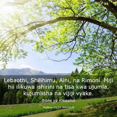 Picture 03 - Yoshua 15:32 SWHULB - Lebaothi, Shilihimu, Aini, na Rimoni. Miji hii - Bible Verse Picture