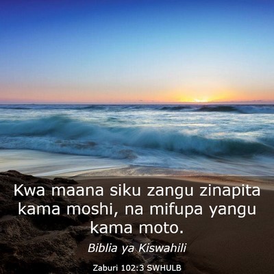 Picture 03 - Zaburi 102:3 SWHULB - Kwa maana siku zangu zinapita kama moshi, na - Bible Verse Picture