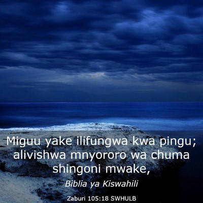 Picture 03 - Zaburi 105:18 SWHULB - Miguu yake ilifungwa kwa pingu; alivishwa - Bible Verse Picture