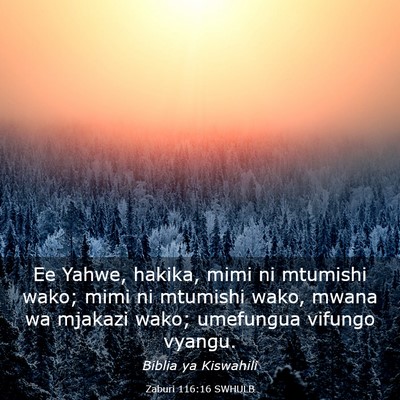Picture 03 - Zaburi 116:16 SWHULB - Ee Yahwe, hakika, mimi ni mtumishi wako; mimi ni - Bible Verse Picture