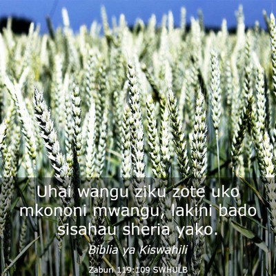 Picture 03 - Zaburi 119:109 SWHULB - Uhai wangu ziku zote uko mkononi mwangu, lakini - Bible Verse Picture