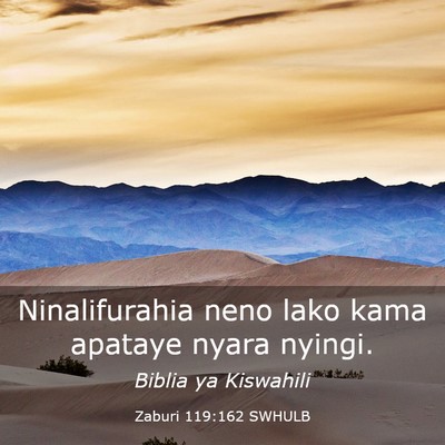 Picture 03 - Zaburi 119:162 SWHULB - Ninalifurahia neno lako kama apataye nyara - Bible Verse Picture