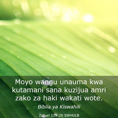 Picture 03 - Zaburi 119:20 SWHULB - Moyo wangu unauma kwa kutamani sana kuzijua amri - Bible Verse Picture