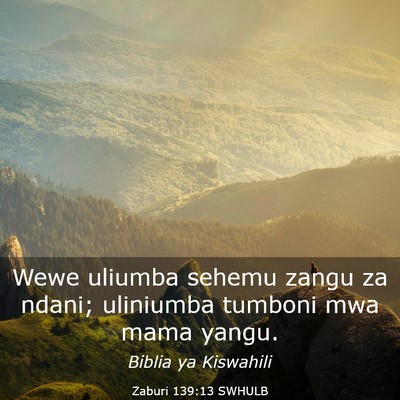 Picture 03 - Zaburi 139:13 SWHULB - Wewe uliumba sehemu zangu za ndani; uliniumba - Bible Verse Picture