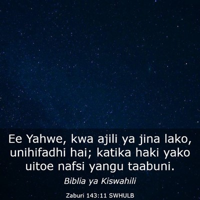 Picture 03 - Zaburi 143:11 SWHULB - Ee Yahwe, kwa ajili ya jina lako, unihifadhi hai; - Bible Verse Picture