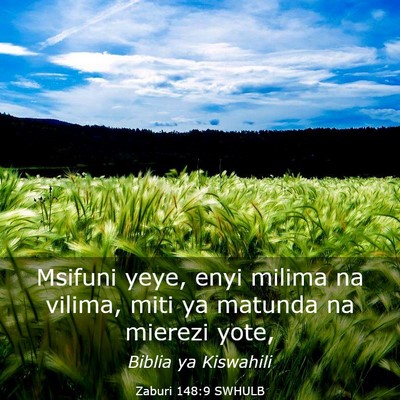 Picture 03 - Zaburi 148:9 SWHULB - Msifuni yeye, enyi milima na vilima, miti ya - Bible Verse Picture