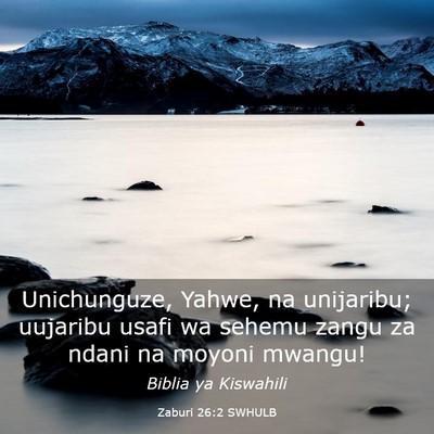 Picture 03 - Zaburi 26:2 SWHULB - Unichunguze, Yahwe, na unijaribu; uujaribu usafi - Bible Verse Picture