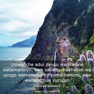 Picture 03 - Zaburi 27:12 SWHULB - Usiwaache adui zangu wanifanyie watamanivyo, kwa - Bible Verse Picture